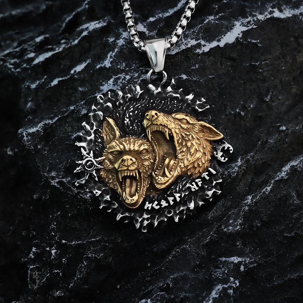 Vintage Viking Style Double Wolf Celtic Knot Stainless Steel Mens Necklace Pendant