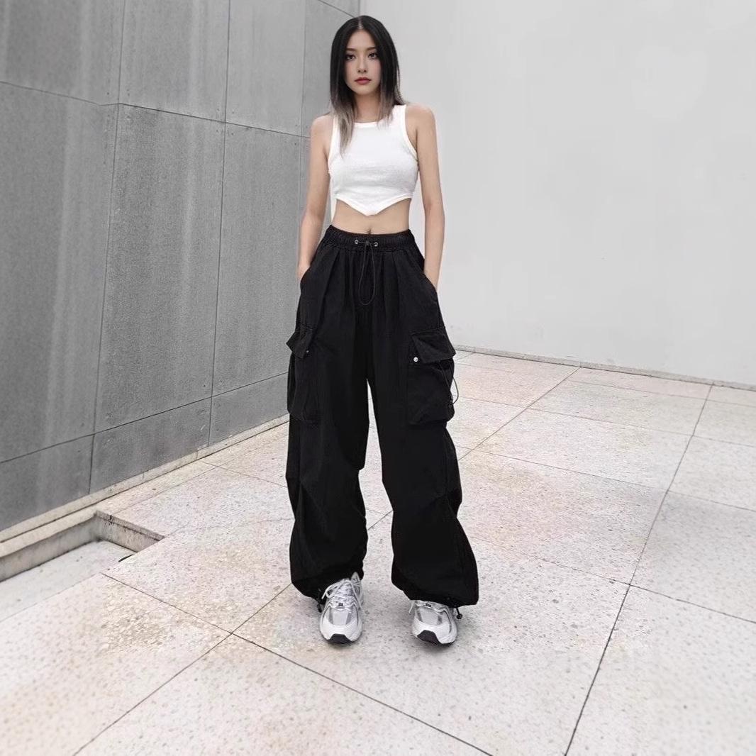 

Чорні штани-парашути з високою посадкою – Повсякденні, Вільні, Маленькі штани для джазових танців на весну та осінь L чорний