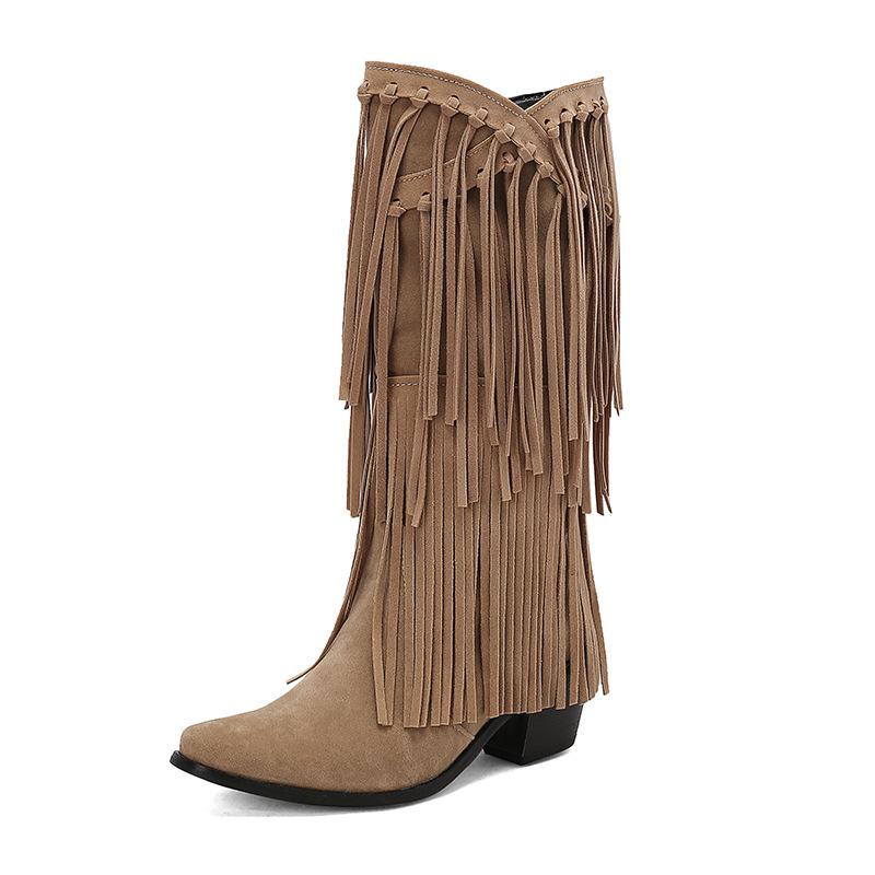 Autumn and winter fringed women's boots small square head solid color casual fashion boots H