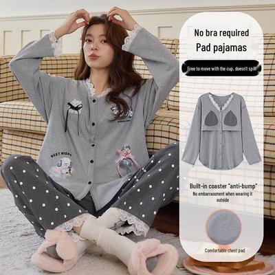 Damen Süßer Cartoon Pyjama Set mit Brustpolstern - Langarm & Hose für Frühling/Herbst, Drinnen oder Draußen tragen
