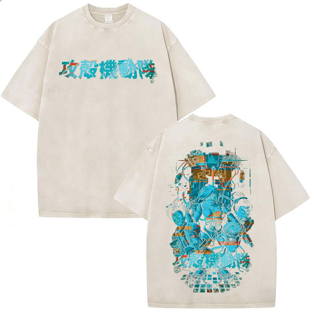 Camisetas Gráficas Vintage Lavadas de Anime Ghost in The Shell Motoko Kusanagi para Hombre y Mujer Moda Camisetas de Manga Corta Oversize