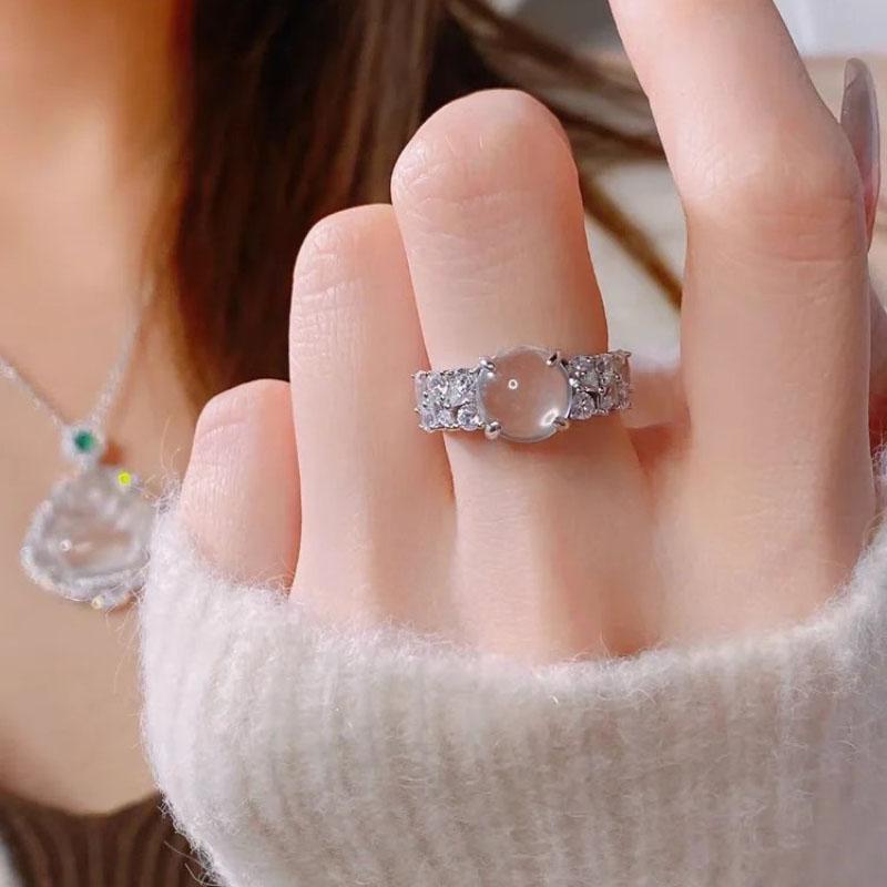 Light Luxury Antique Style Inlaid Elliptical Natural Ice Chalcedony Rings for Women Elegant and Fashion Gentle Style Jewelry