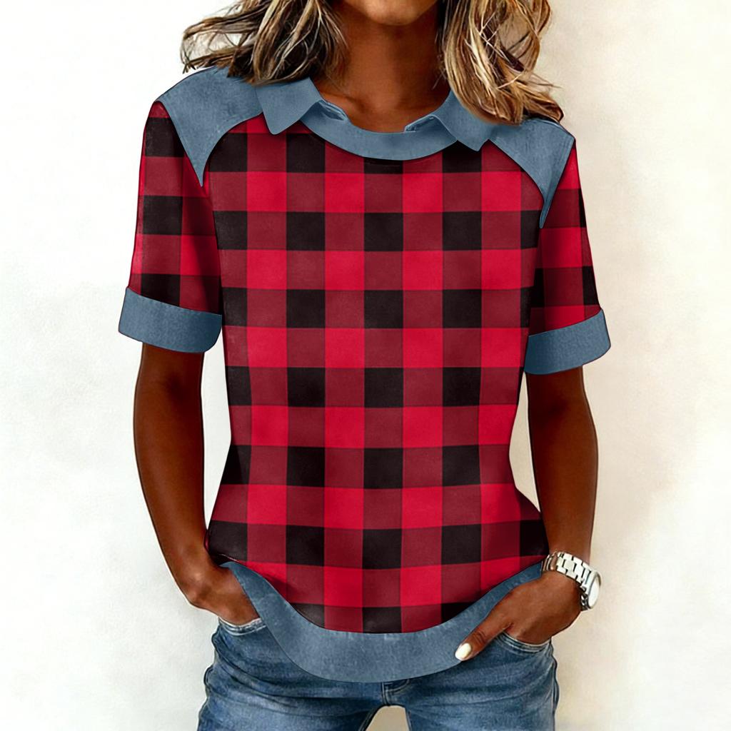 Women's Fashion Collar Cowboy Splicing Sweatshirt Casual Printed Hoodie Short Sleeve Shirt Top
