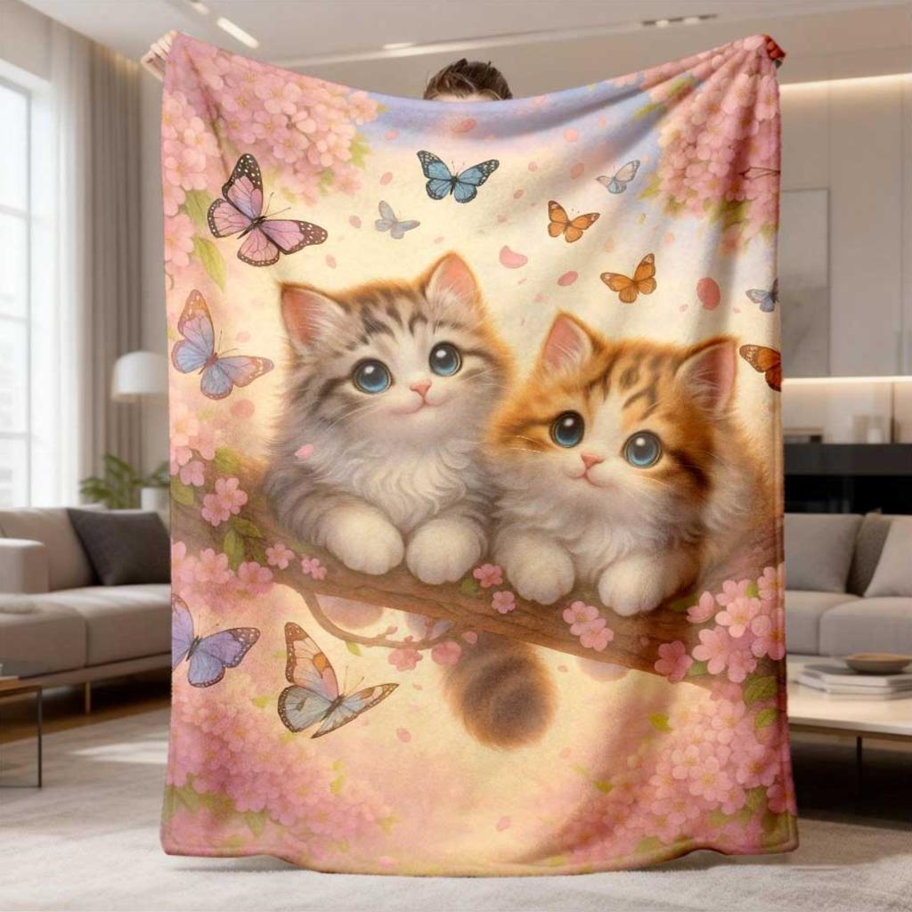2026 New Flannel Blanket Release 1pc Cherry Blossom & Butterfly Kitten Design - Soft And Comfortable All-Season Throw for Sofa, Bed, Car, Camping, Off