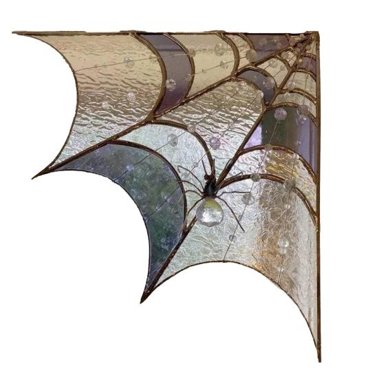Indoor And Outdoor Halloween Decor Spiderweb Door Topper, Acrylic Gothic Sun Catcher with Hanging Gem Spiders, Decorative Spider Web for Windows A