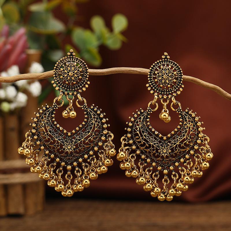 Bohemian Ethnic Heart Stud Earrings: Long Bell Vintage Style for Women