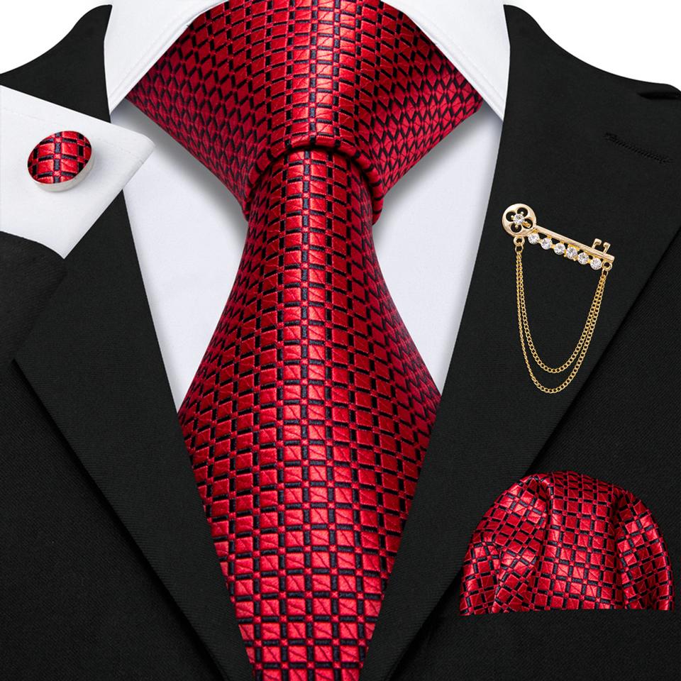Barry.Wang Brooch Pin with Tie for Men Red Necktie Handkerchief Cufflinks Set
