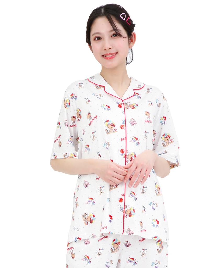 Peach Side Hello Kitty Shirt Short Long Top and Bottom Room Wear [SAZAC] Pajamas, 100% Cotton, Broadcloth, Women's, Sleeves, Pants, Set, Loungewear,
