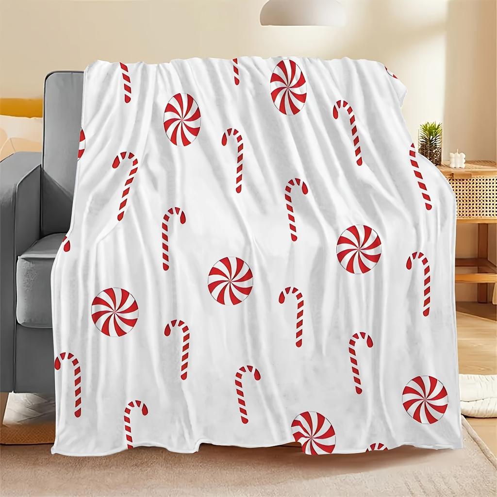 Traditional-Style Christmas Candy Cane Flannel Throw Blanket, 100% Polyester, Digital Print, Stain Resistant, All-Season Cozy Wa