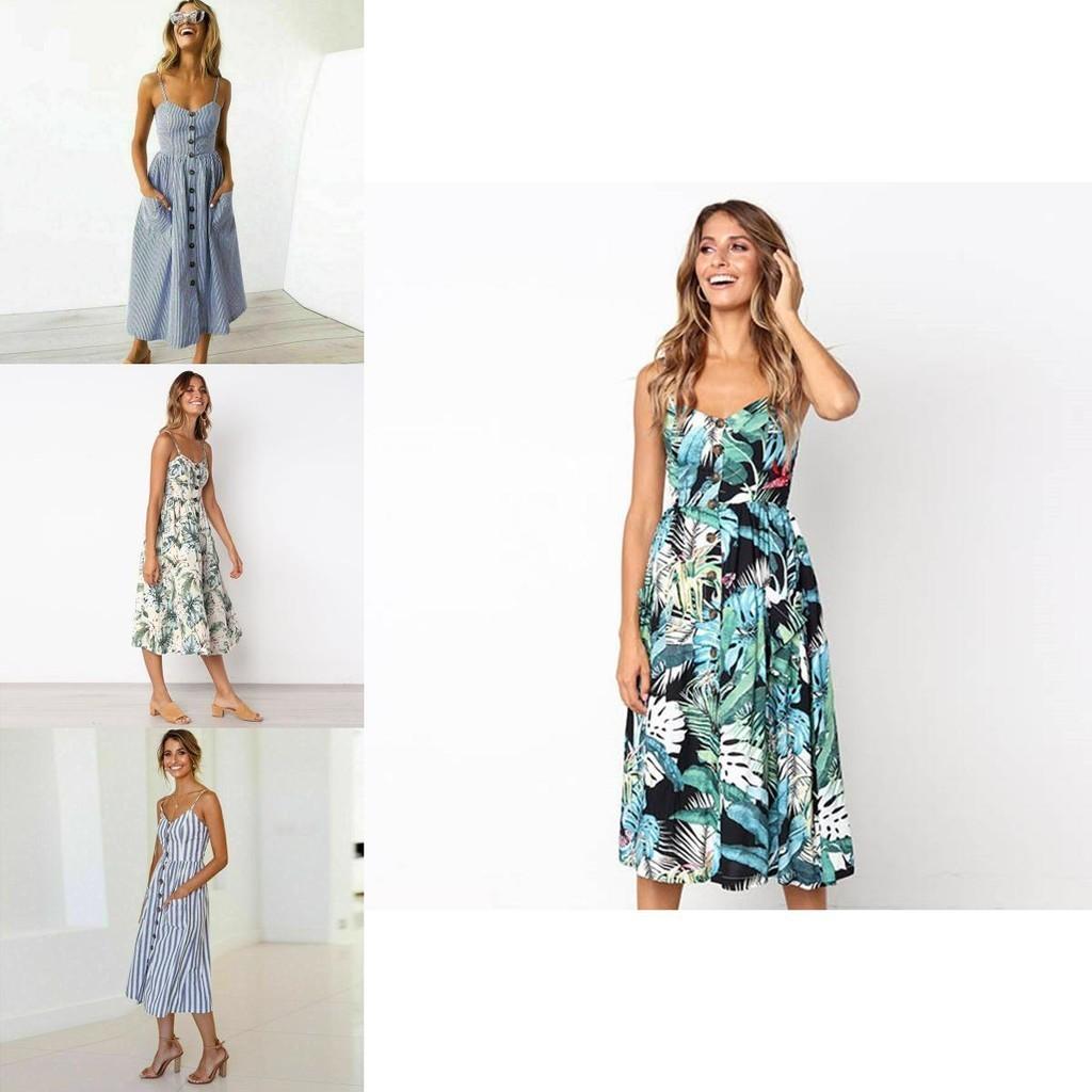 Stylish Boho Women's Summer Beach Midi Dress With Strappy Design And Button Pockets