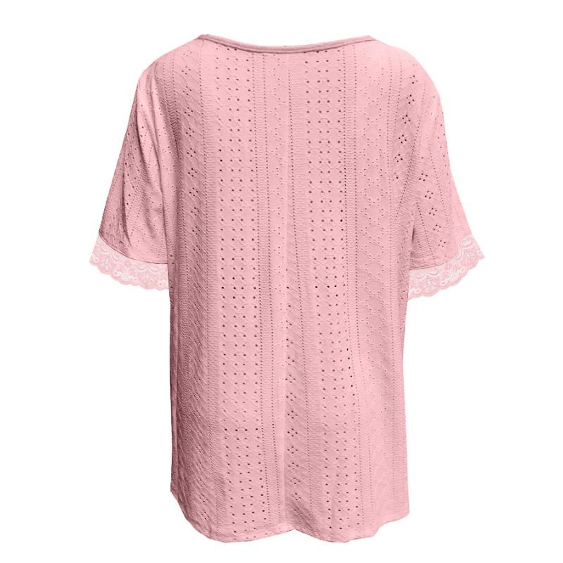 Spring Summer Solid Color V-neck Loose Short Sleeved Pleated T-shirt Top for Women Shirt