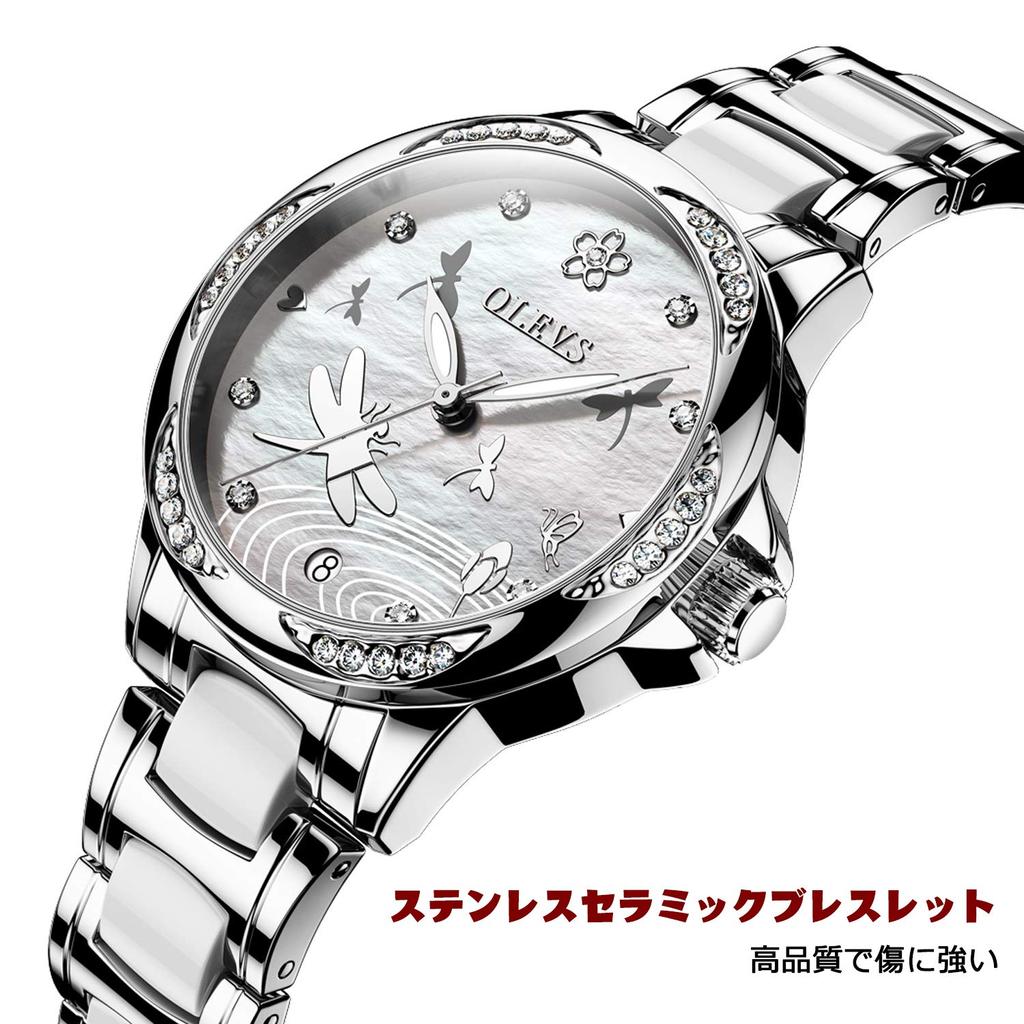RORIOS Cute and Stylish Mechanical Automatic Watch with Dragonfly Luminous Hollow Ceramic Silver Business Watch Women's Watch, Decoration, Band,