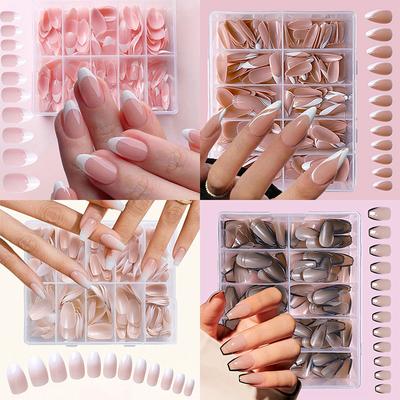120/240/360Pcs/Box Glossy Soft Gel Pink French Nail Tips Medium Almond White Simple Press On Nails Huge Capacity False Nails