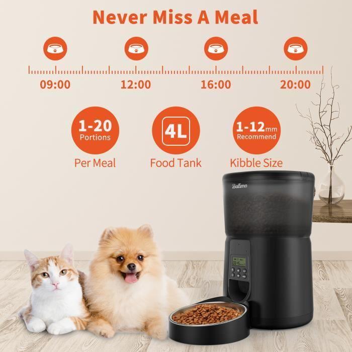 Balimo Automatic Food Dispenser 4L Kibble Dispenser for Cats and Dogs, 1 To 4 Meals Per Day Black