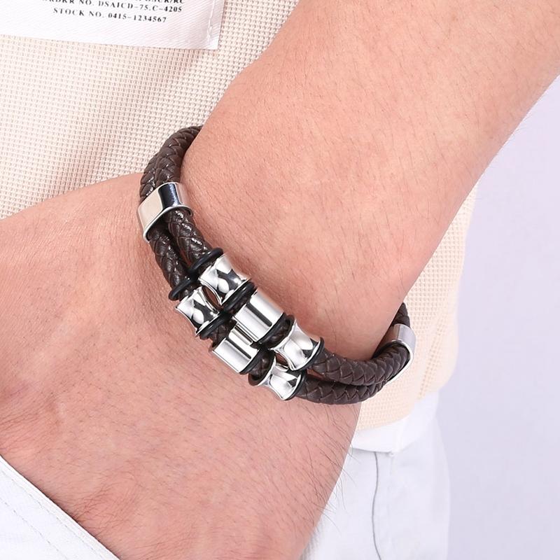 Creative Men Leather Bracelet Jewelry Charm Stainless Steel Buckle Punk Rock Bracelet Wristband