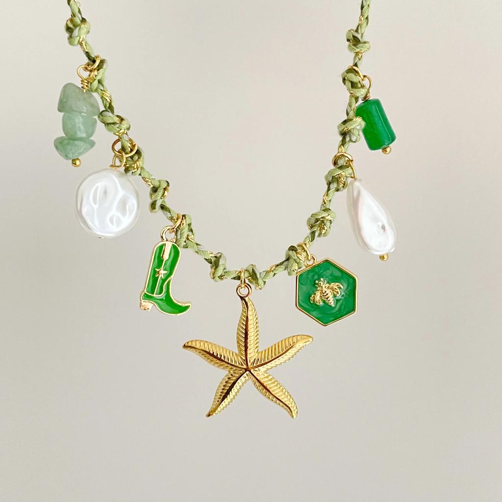 New Stainless Steel Personaliz Diy Knotting Rope Chain Starfish Turtle Pendant Necklace Gold-Plated Color Beach Style