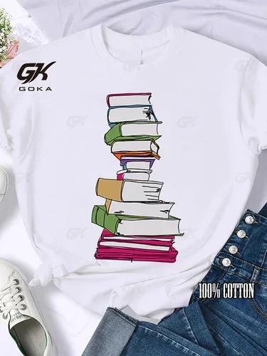Coffee Books Brown Books American Retro Cotton T Shirt Woman Round Neck Half Sleeve T-shirts Printed Tops Woman Oversized Tees