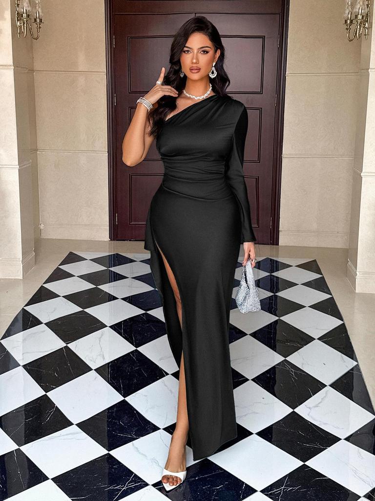 Women's 2025 Autumn/Winter European-American Style Solid Color Hip-Wrap Dress