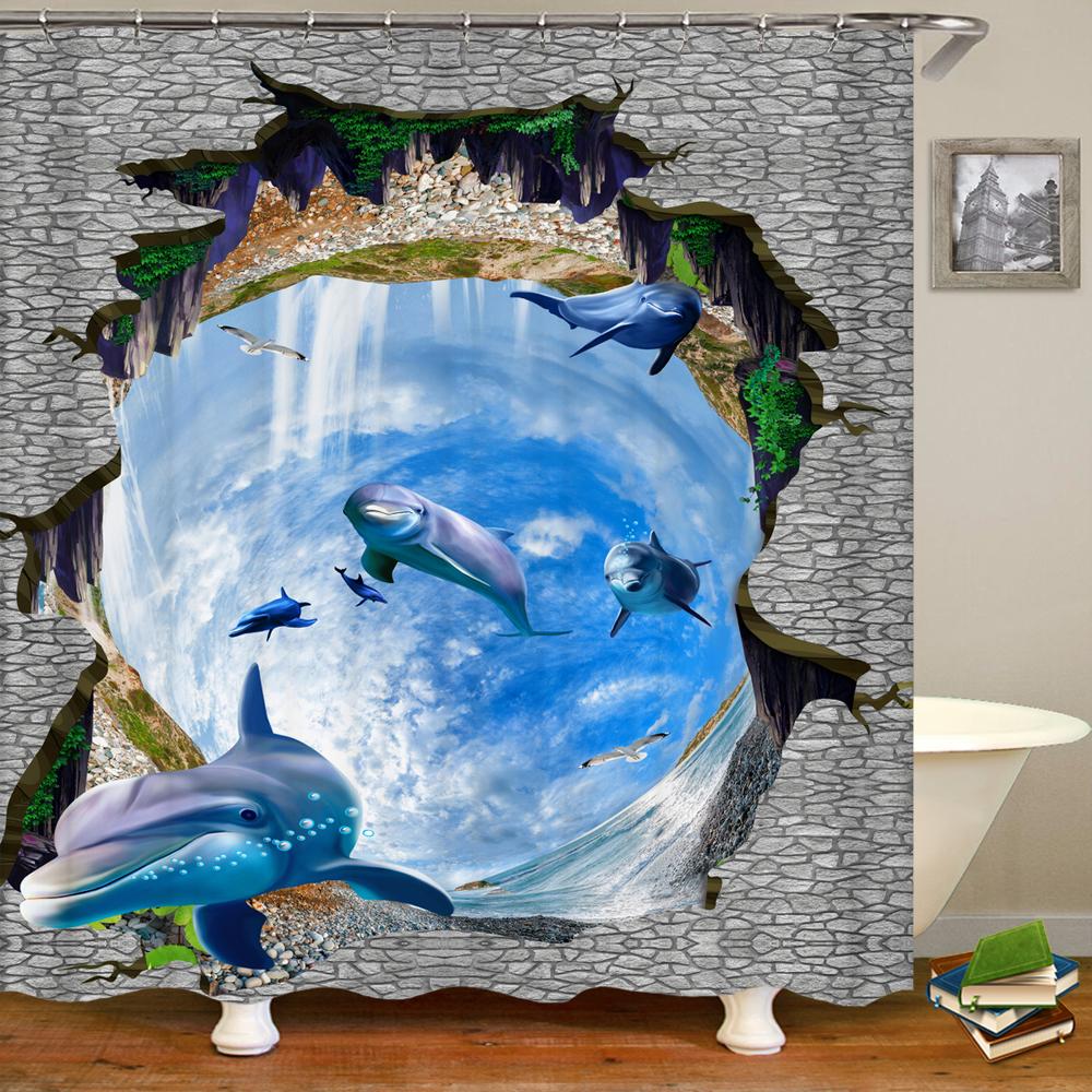 Cartoon Dolphin Shower Curtain Waterproof Home Decoration Curtain Ocean Sea Beach landscape Printed Bathroom Curtain With Hooks