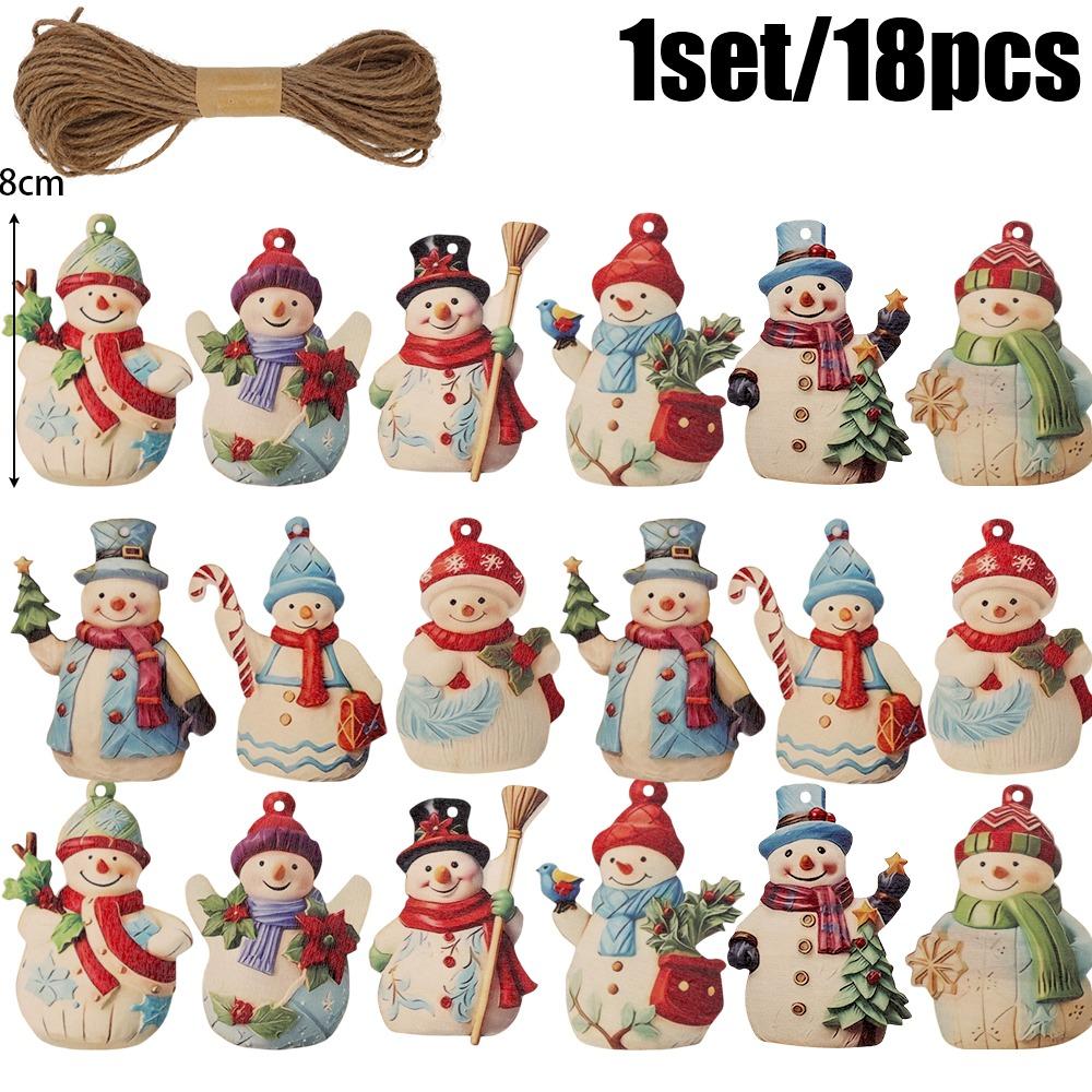 18pcs/set Wooden Cartoon Snowman Pendents with Lanyard Christmas Tree Hanging Ornament Festival Xmas Party Home Decorations