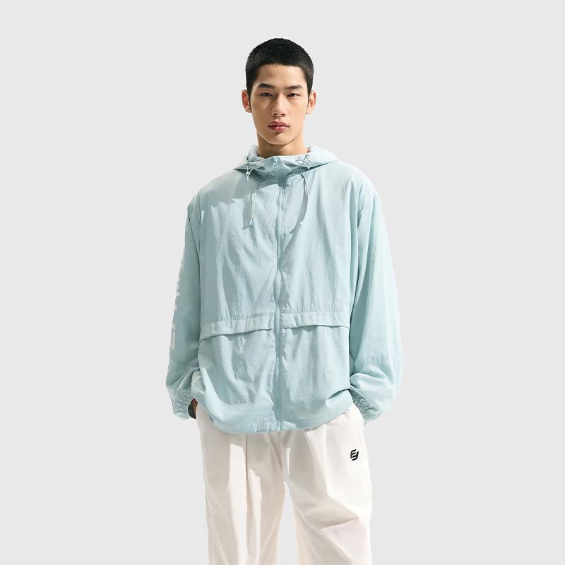 Li Ning Fitness Series UV Protection Water-Repellent Technology Breathable Loose Lightweight UPF50+ Raincoat Men outerwear Light-Blue AFDU679-3