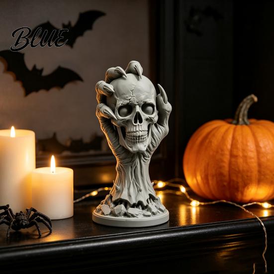 Horror Theme Room Accents 3D Printed Skull & Devil Hand Figurine Realistic Holding Handmade Craft Decor Statue Gothic Desktop Ornament for Halloween