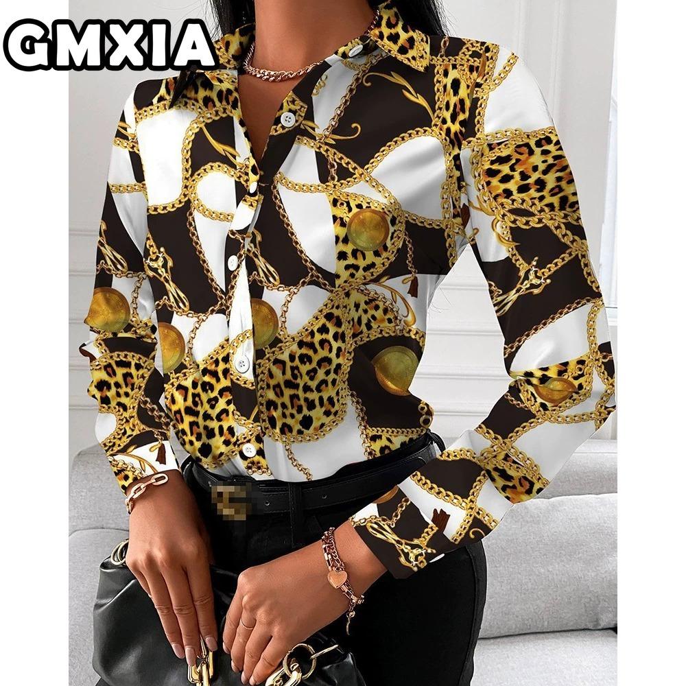 GMXIA Damenmode Lässig Freizeit Einfarbig Druck Langarm POLO Kragen Blusen & Hemden