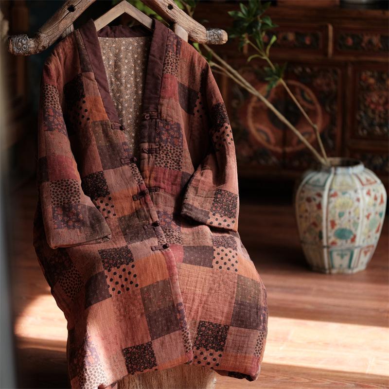 Johnature Women Patchwork Loose Long Coats