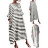 O-Neck Batwing Sleeves Women Dress Pockets Ankle Length Fine Sewing Retro Striped Print
