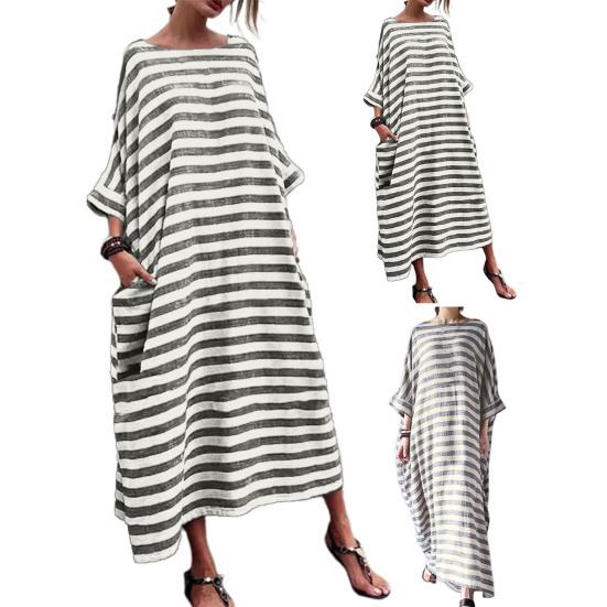 O-Neck Batwing Sleeves Women Dress Pockets Ankle Length Fine Sewing Retro Striped Print