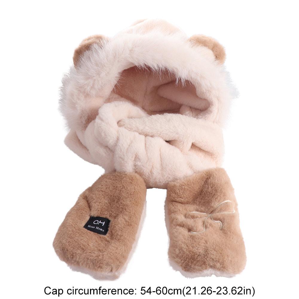 Cartoon Scarf Hat Glove for Women Embroidery Bow Furry Scarf Cap Set Bear Ears Plush Hat  Girl