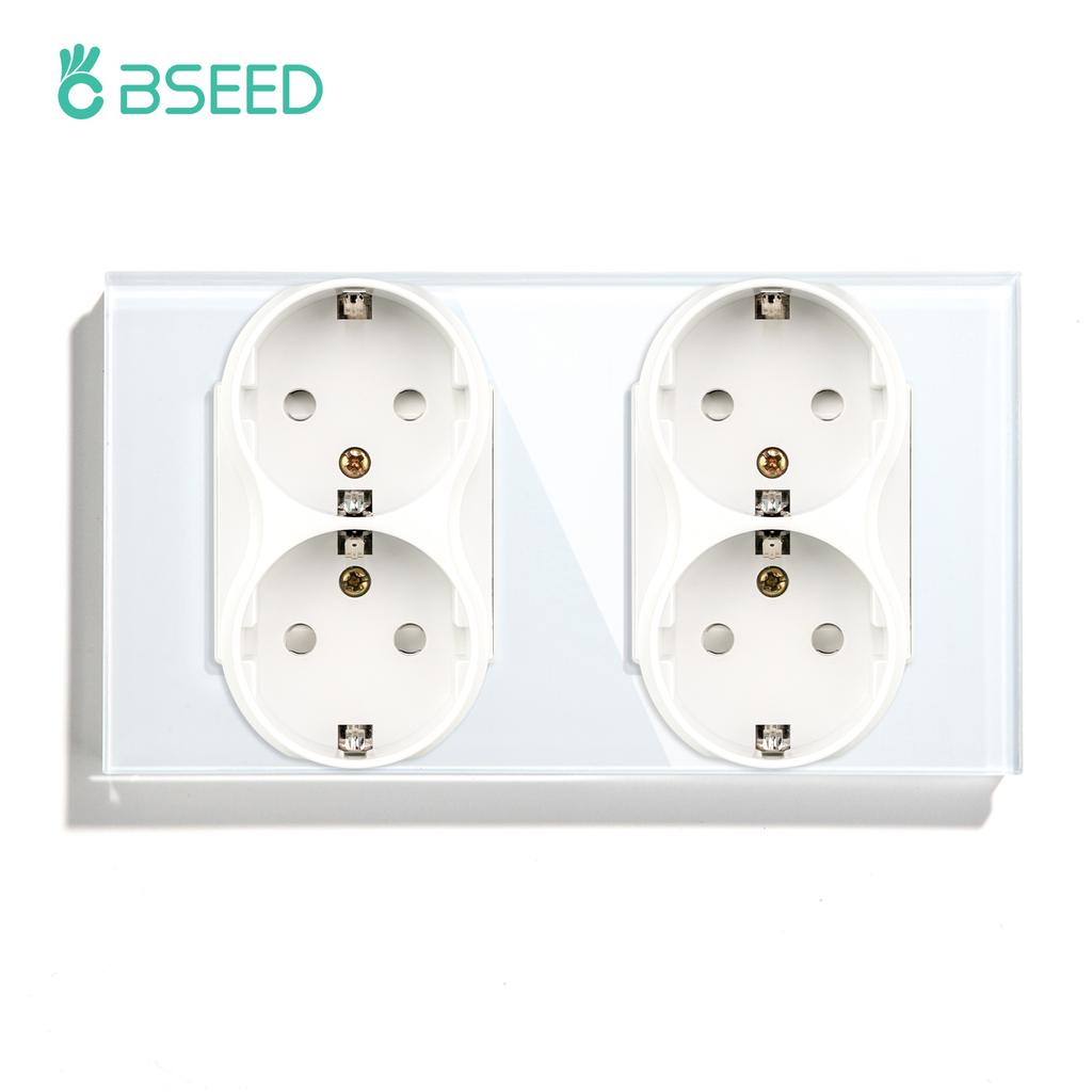 BSEED 1/2/3Gang Touch Light Switch With Power Socket 1Way Double EU Wall Sockets Dual Plug 16A Glass Panel Blue Backlight White