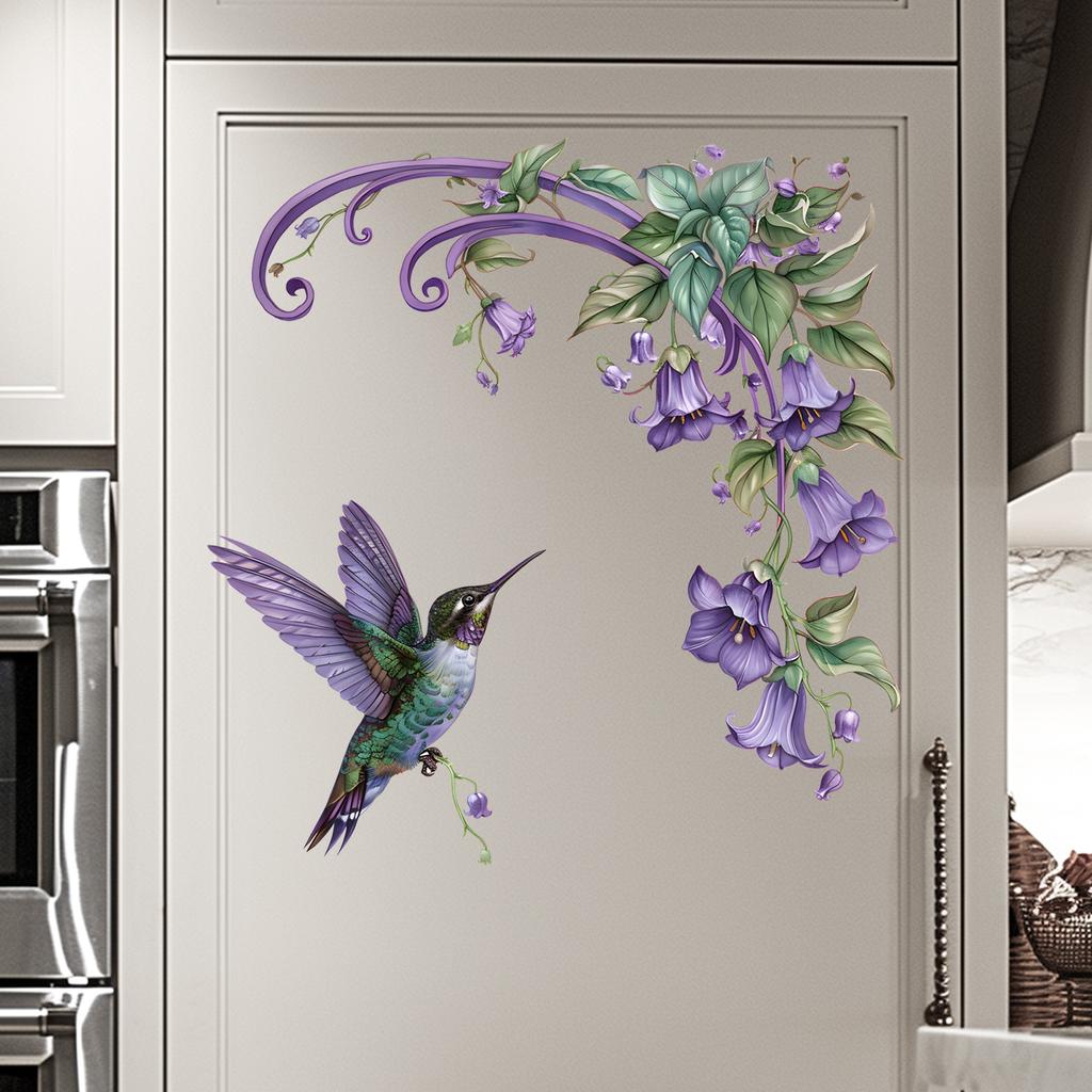 Creative Plant Flower Purple Hummingbird Wall Sticker Bedroom Headboard Living Room Sofa Background Wall Art