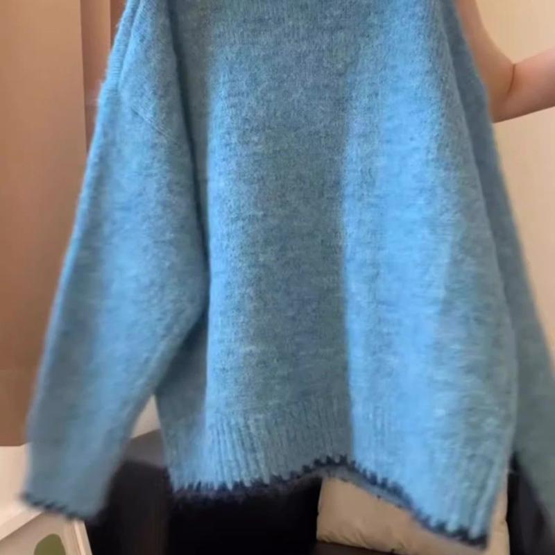 Retro Pullover mit minimalistischem süßem Farbblockspitzen-POLO-Kragen, lässig, vielseitig, Strickware