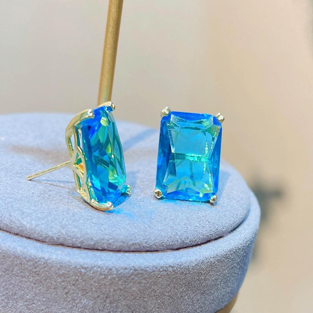 Blue Topaz Princess Cut Stud Earrings Exaggerated Bridal Earrings for Women