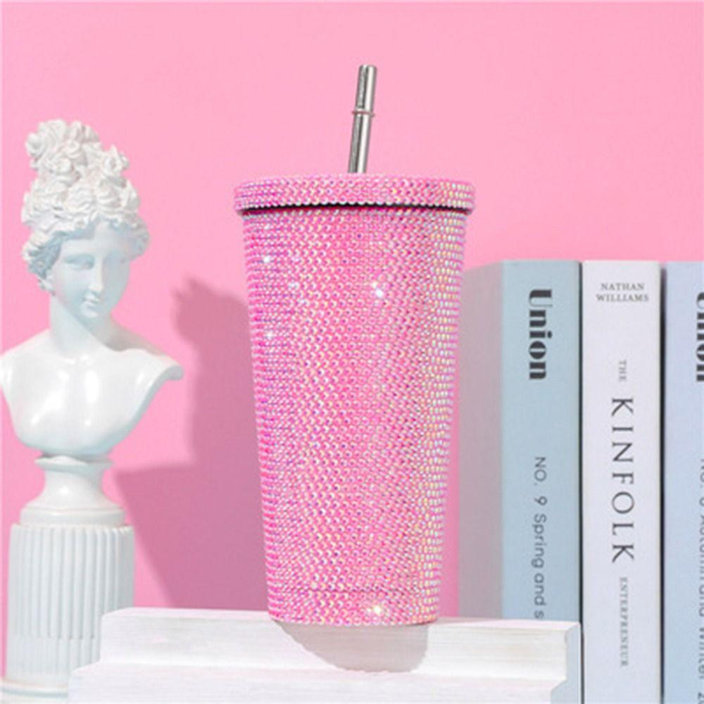500ml/750ml Rhinestone Thermos Bottles Insulated Shining Glitter Coffee Cup Double Layer with Lid Straw