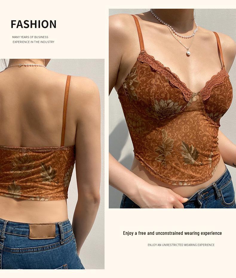 Canottiera in Pizzo Stampato Retro con Imbottiture sul Seno - Top Corto Snellente Hot Girl