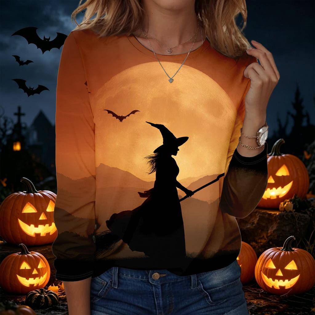 Women's Halloween Print Pullover Sweatshirt Long Sleeve Crew Neck Casual Top Lightweight Soft Fabric Comfortable Fit