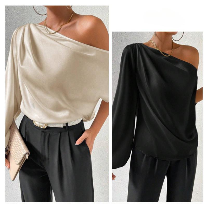 Sexy Elegant Skew Collar Long Sleeve Casual Blouses Women Fashion Off Shoulder Temperament Women's Shirts Tops Solid Simple Slim Fit Lady Blouse 26399
