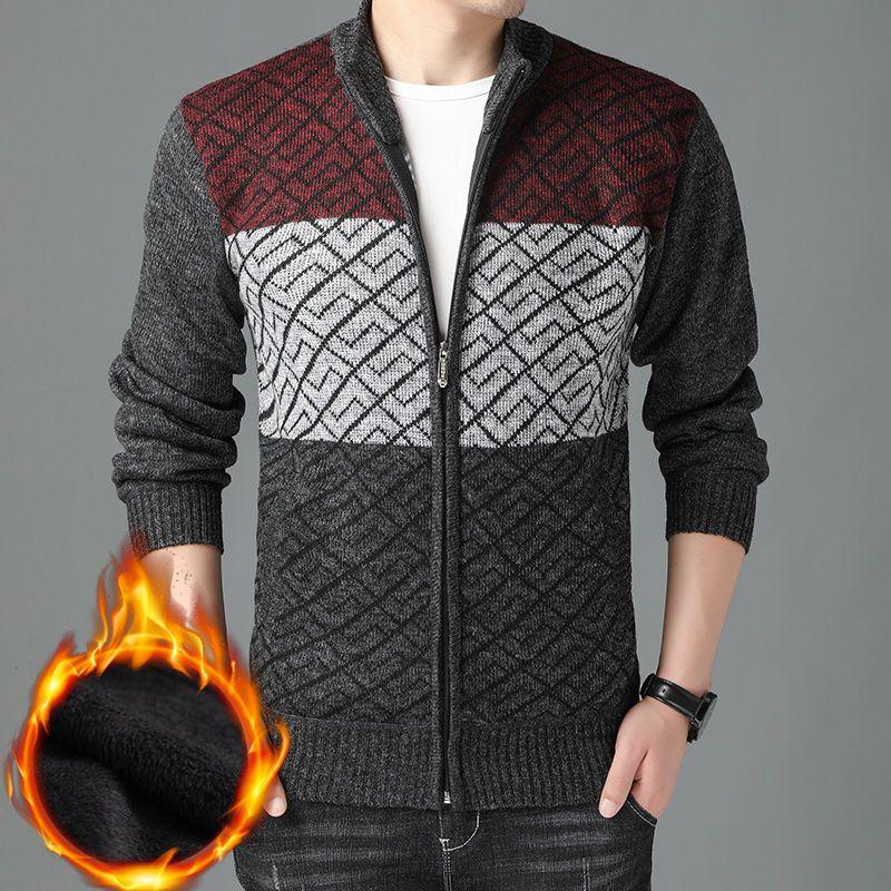 Thick Winter Men's Sweater with Added Fleece Zipper Cardigan Oversized Stand Up Collar Knitted Warm Jacket