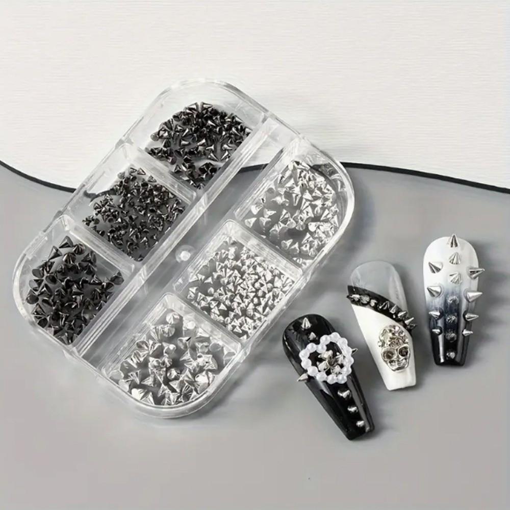 6 Grids Multi-Size Nail Art Studs Black And Silver Tone Cone Spike Nail Jewels  Punk Style Nail Art
