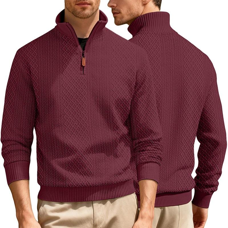 Men's Quarter Zip Pullover Sweater Diamond Jacquard Knit Stand Collar Long Sleeve Casual Sweatshirt For Business & Daily Wear