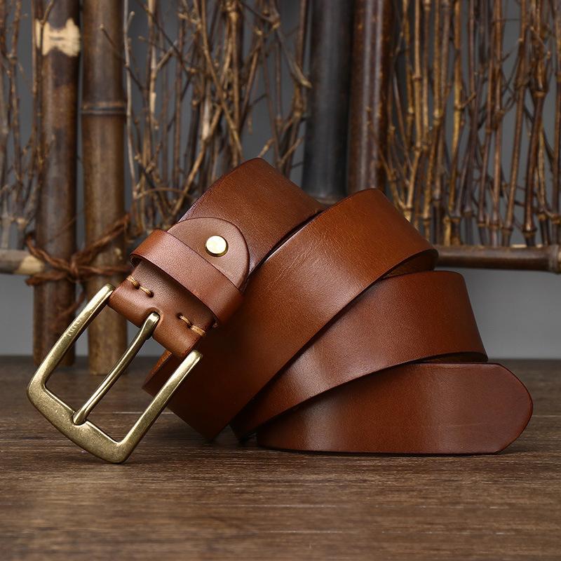 3.8CM Top Cow Genuine Leather Belts for Men Copper Buckle Fashion Style FULL GRAIN Male Belt for Jeans Cowhide Strap