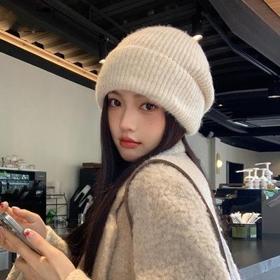 Women Autumn Winter Warm Thicken Ear Protector Hat Cold Velvet Knitted Pile Cap Sweet Cute Hats