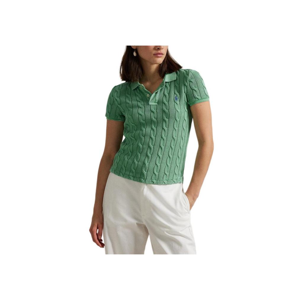 Polo Ralph Lauren Solid Slim Fit Cable Knit Short Sleeve Polo Shirt Women Tops Medium-Green WMPOKNINB920241-310