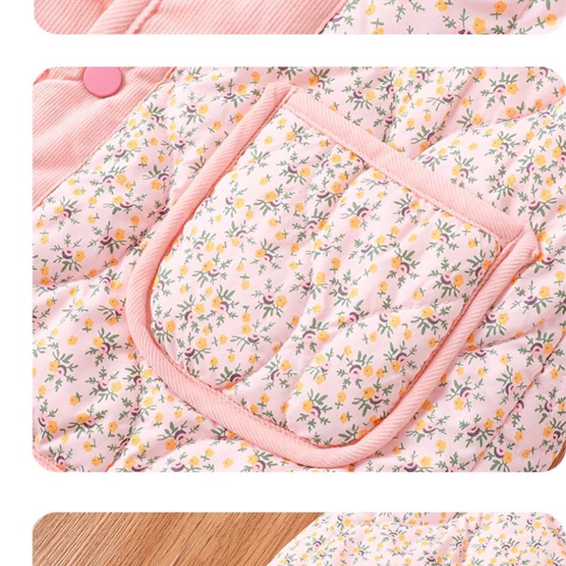 Nowa Dziewczęca Jesienno-Zimowa Polarowa Podszewka Koreański Styl Kwiatowy Bawełniany Pikowany Sztruksowa Stylowa Wewnętrzna Bawełniana Kurtka Dziecięcy Wszechstronny Bawełniany Płaszcz