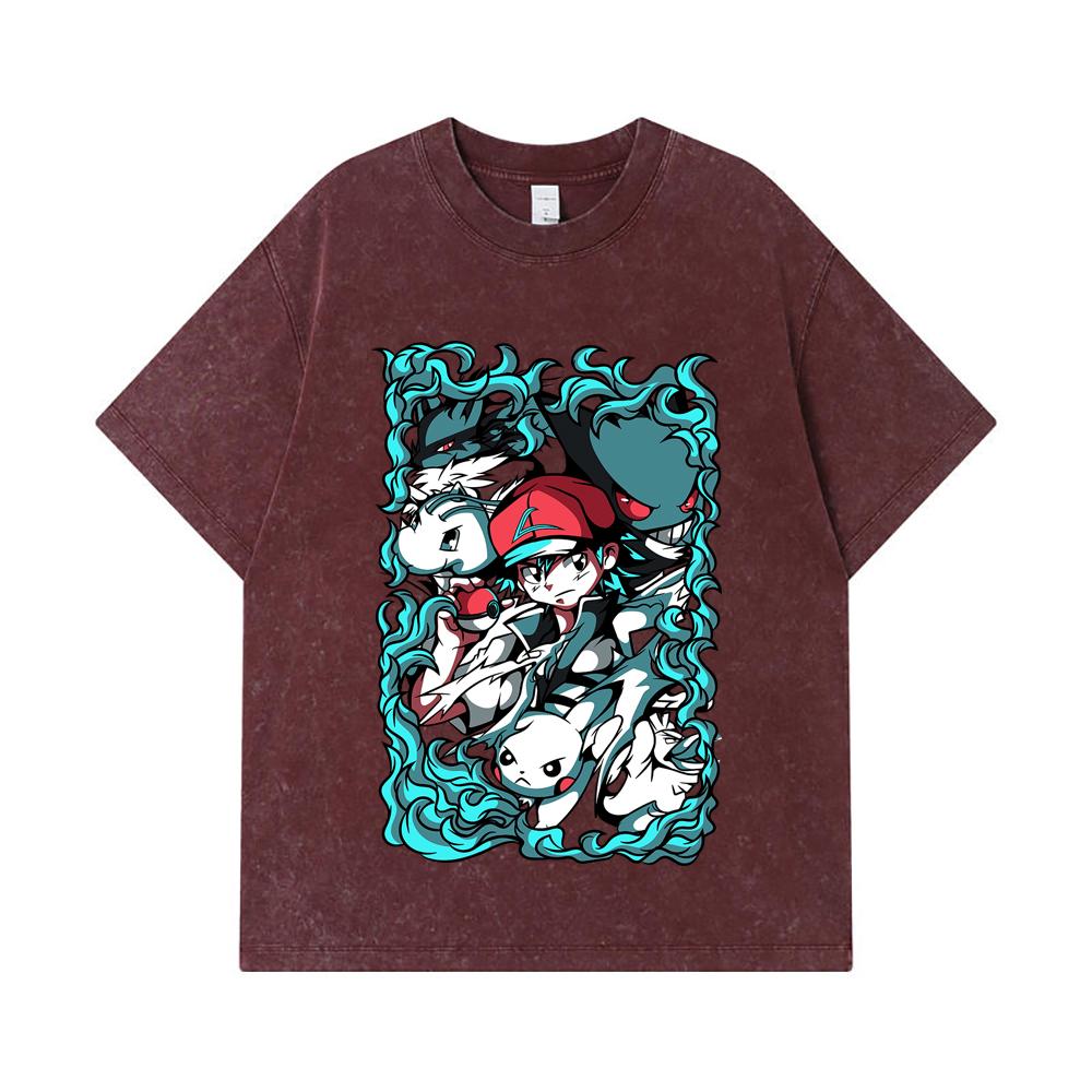 275 GSM Washed T-shirts 100% Cotton Pokemon V26 Print Unisex Heavy Cotton T Shirt