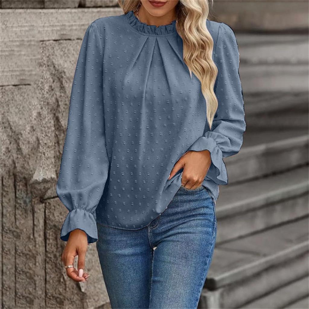 Women's Fashion Casual Dot Pleated Round Neck Ruffled Long Sleeve Solid Color Top