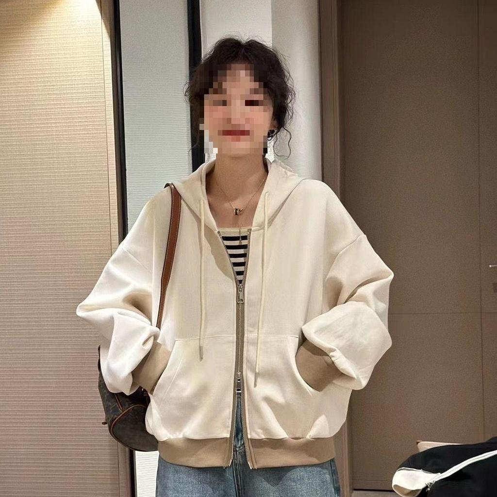 2025 Autumn-Winter Women's Patchwork Hooded Jacket: Loose Fit, Casual Zip-Up Petite Sweatshirt