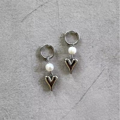 Stainless Steel Heart Faux Pearl Dangle Earrings for Women Punk Hip-Hop Y2K Cool Love Hoop Earrings Zircon Gift for Her